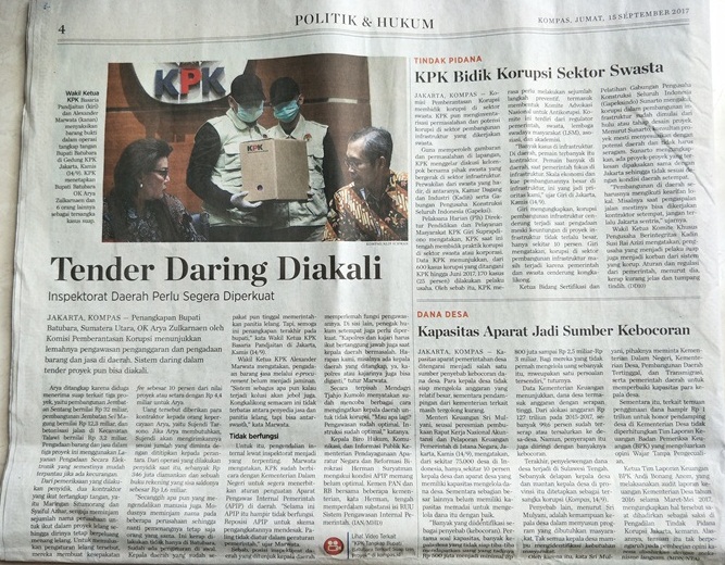 BERITA KORAN KOMPAS HARI JUMAT TANGGAL 15 SEPTEMBER 2017